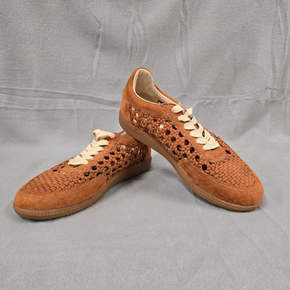 Oasis Society Woven Vegan Leather Sneakers Cognac Brown Low Top Lace Up Size 8.5